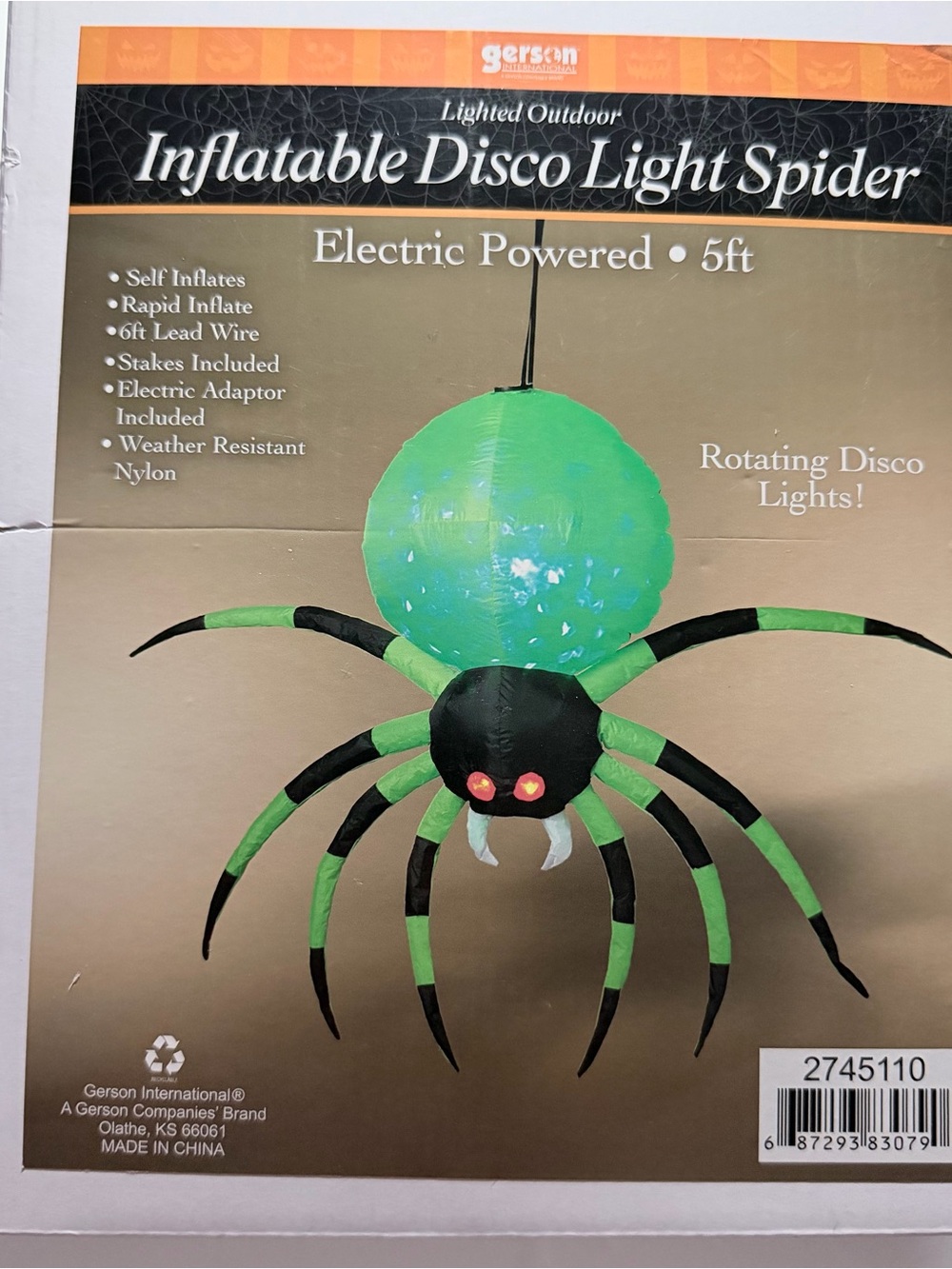 Halloween Decor Inflatable Disco Light Spider 5 Feet New In Box Tested